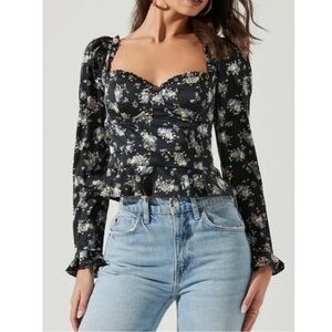 NEW ASTR The Label Floral Corset Sweetheart Neck Underwire Satin Top Black